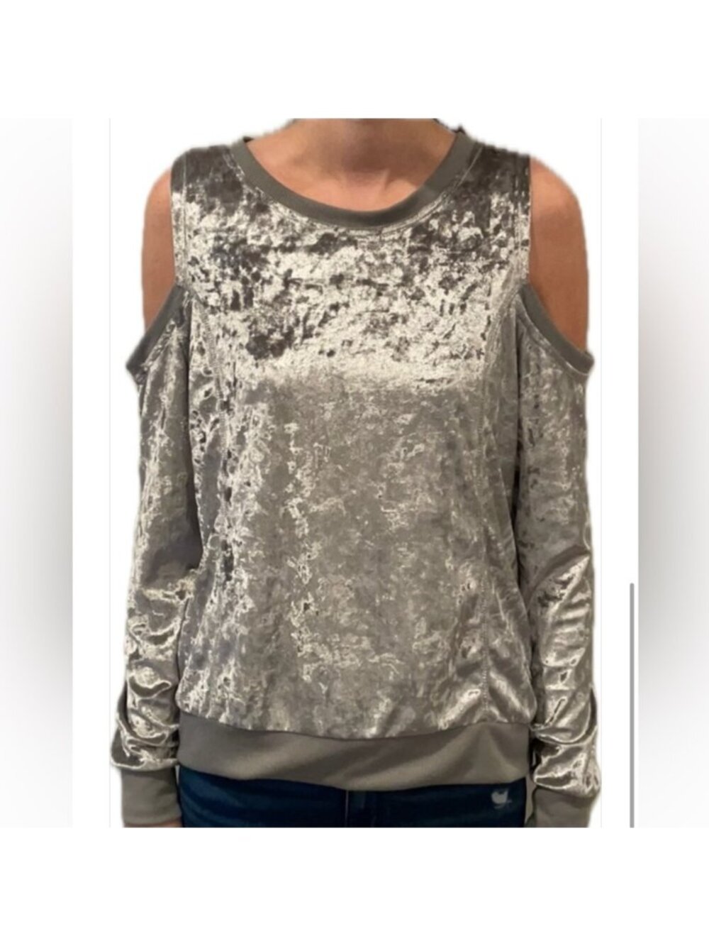 No Comment Open Shoulder Silver Velvet Long Sleeve